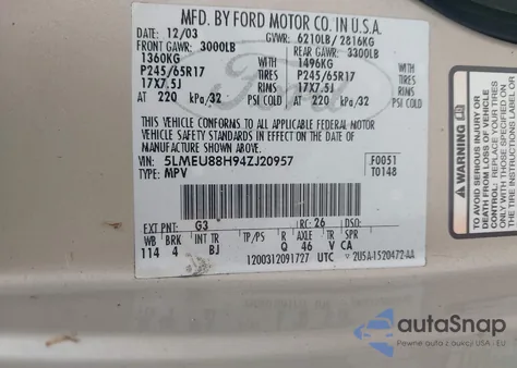 2004 Lincoln Aviator z USA, uszkodzony, nr VIN 5LMEU88H94ZJ20957